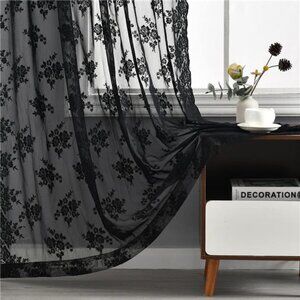 Black Lace Curtains 84 Inches Long -Vintage Floral Black Sheer Curtains 2 Panels